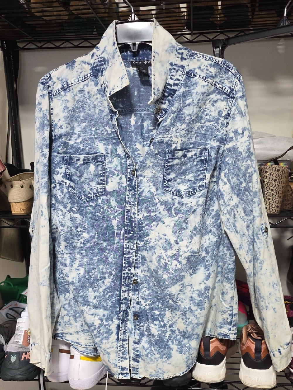 Cotton Express Blue and White Acid Wash Button-Down Shirt